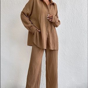 Drop Shoulder Shirt + Wide Leg Pants SHEIN